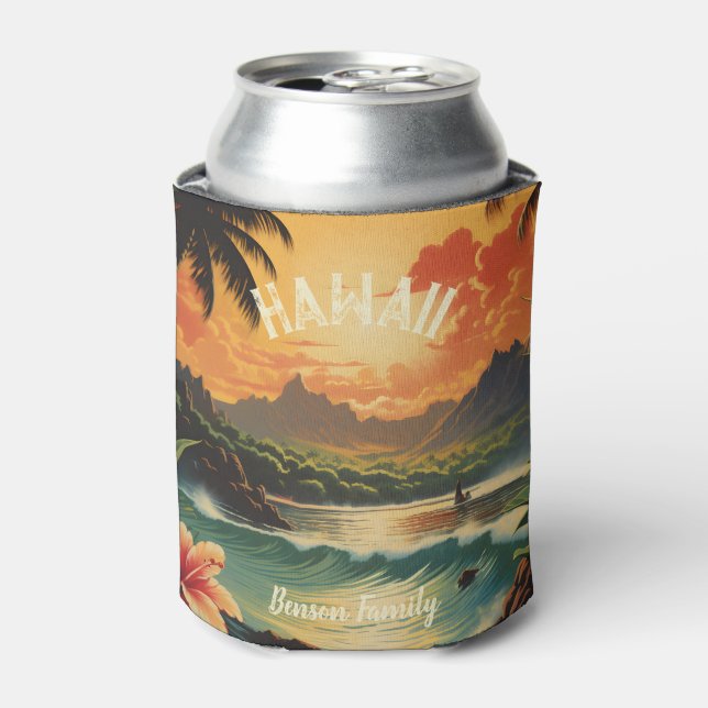 Vintage Hawaii Tropical Beach Travel Lanscape Can Cooler (Can Front)