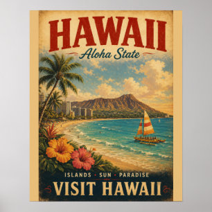 Vintage Hawaii Tropical Paradise Travel Poster wit
