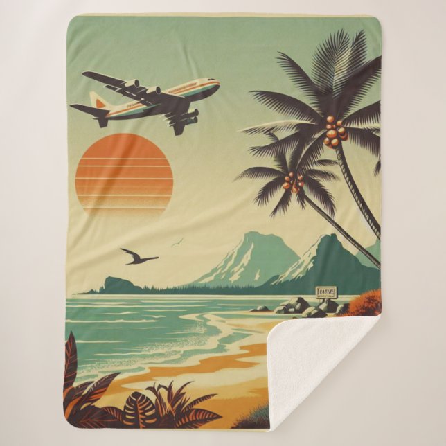 Vintage Hawaii/Tropical  Sherpa Blanket (Front)