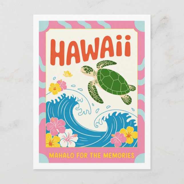 Vintage Hawaii USA Sea Turtle Hibiscus Mahalo Postcard (Front)