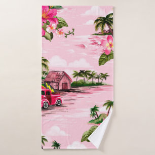 Vintage Hawaiian barkcloth design of tropical isla Bath Towel
