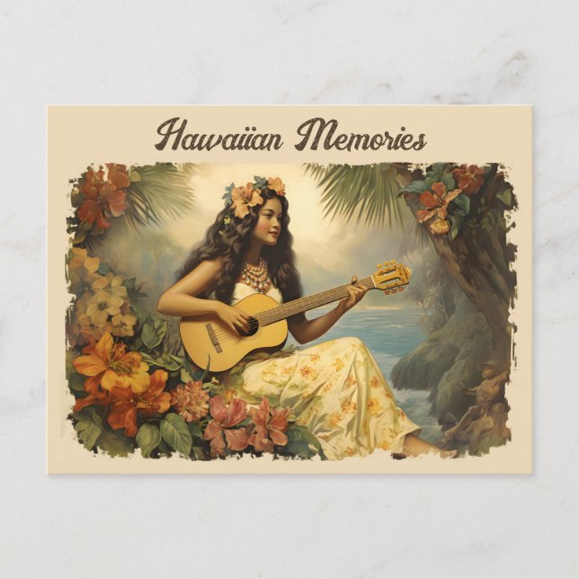Vintage Hawaiian Guitar Girl Travel Postcard (Front)