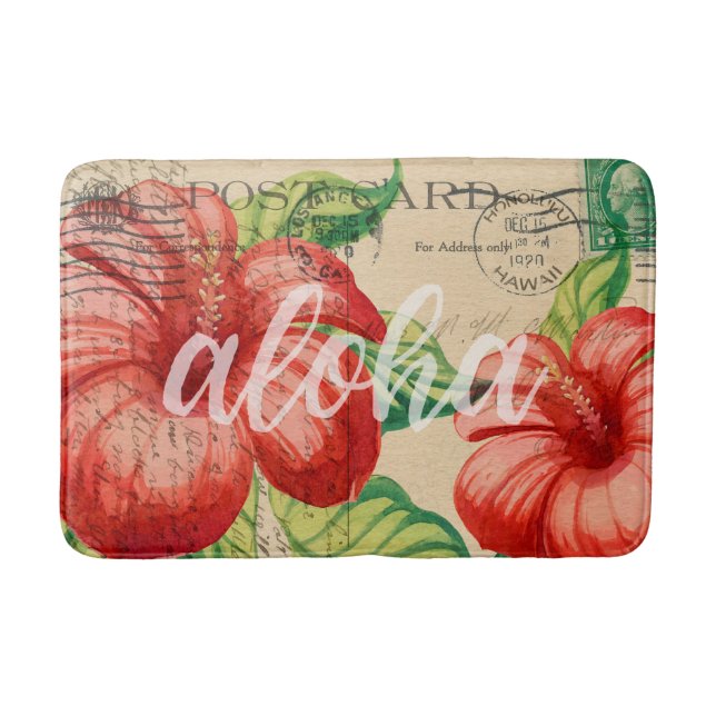 Vintage Hawaiian Hibiscus Postcard Bath Mat (Front)