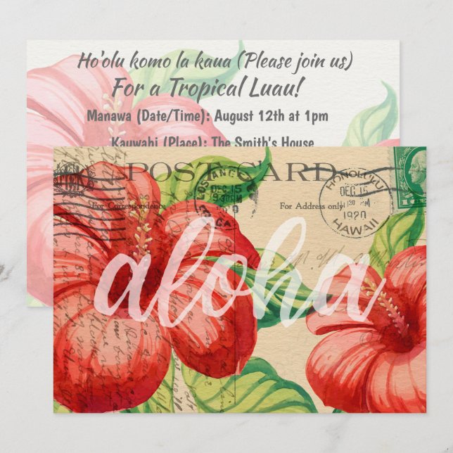 Vintage Hawaiian Hibiscus Postcard Luau Invitation (Front/Back)