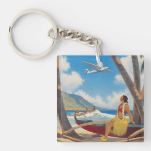 Vintage Hawaiian Hula Girl Aloha Escape Paradise Key Ring