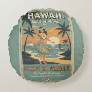 Vintage Hawaiian Land of Aloha Escape to Paradise Round Cushion