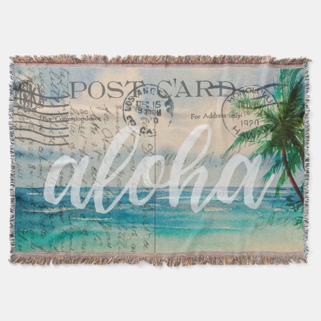 Vintage Hawaiian Palm Trees Postcard Throw Blanket (Front)