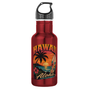 Vintage Hawaiian Sunset Palms Surfboard Aloha 532 Ml Water Bottle