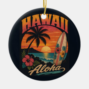 Vintage Hawaiian Sunset Palms Surfboard Aloha Ceramic Tree Decoration