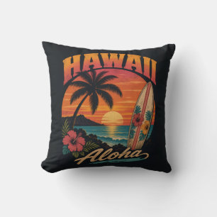 Vintage Hawaiian Sunset Palms Surfboard Aloha Cushion
