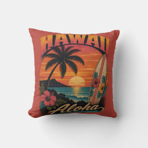 Vintage Hawaiian Sunset Palms Surfboard Aloha Cushion