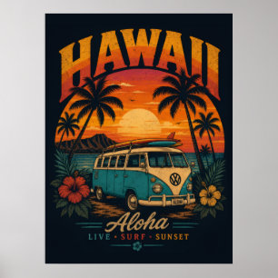 Vintage Hawaiian Sunset Palms Surfboard Aloha Poster