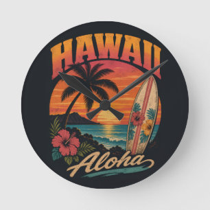 Vintage Hawaiian Sunset Palms Surfboard Aloha Round Clock