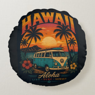 Vintage Hawaiian Sunset Palms Surfboard Aloha Round Cushion