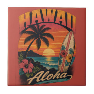 Vintage Hawaiian Sunset Palms Surfboard Aloha Tile