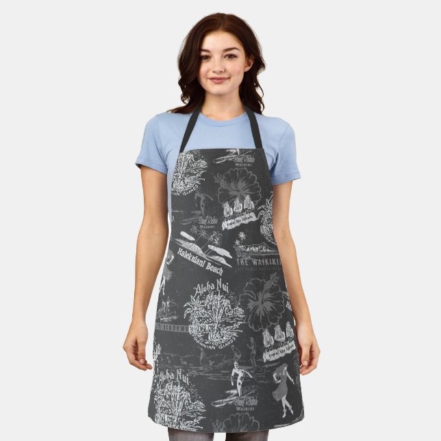 Vintage Hawaiian Travel Collage in Charcoal Grey Apron (Worn)
