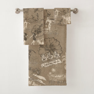 Vintage Hawaiian Travel Collage in Taupe Bath Towel Set