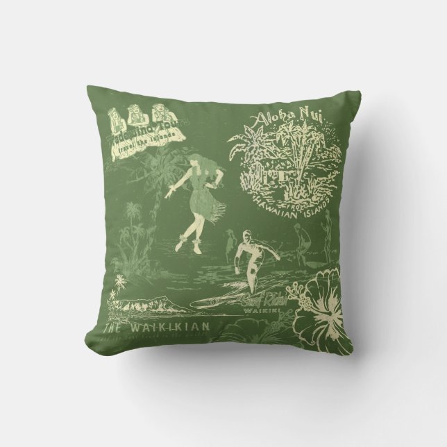 Vintage Hawaiian Travel Collage Olive Reversible Cushion (Front)
