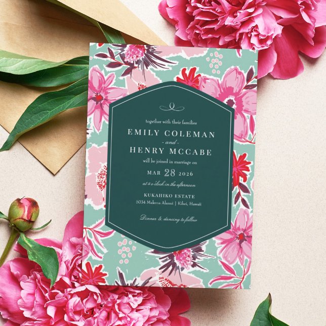 Vintage Hawaiian Tropical Pink Teal Wedding Invitation (Creator Uploaded)