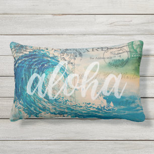 Vintage Hawaiian Wave Postcard Lumbar Cushion