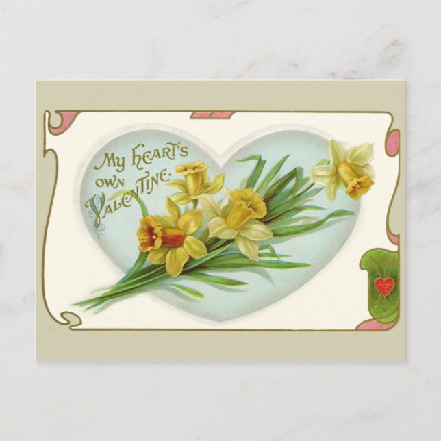 Vintage Heart and Daffodils Valentine Postcard (Front)