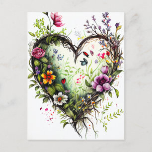 Vintage heart and watercolor flowers love card