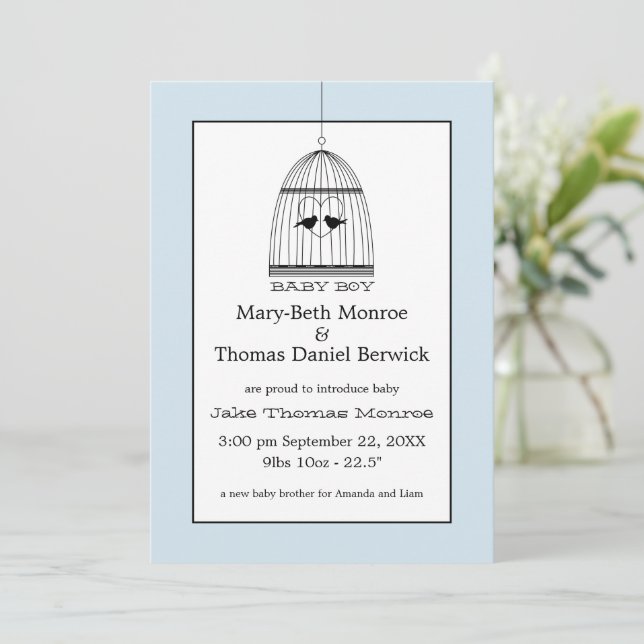 Vintage Heart Birdcage Baby Boy Announcement (Standing Front)
