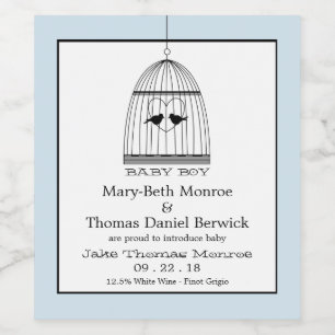 Vintage Heart Birdcage Baby Boy Announcement Wine Label