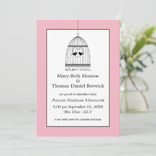 Vintage Heart Birdcage Baby Girl Announcement