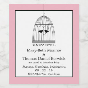 Vintage Heart Birdcage Baby Girl Announcement Wine Label