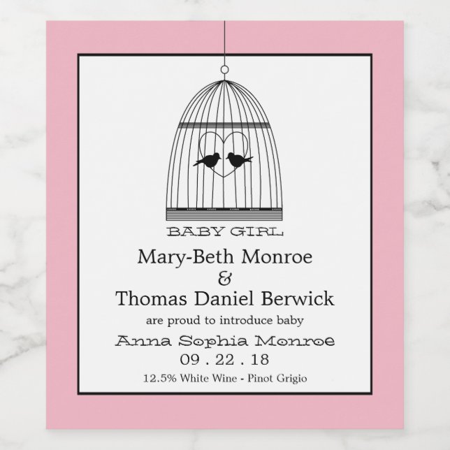 Vintage Heart Birdcage Baby Girl Announcement Wine Label (Single Label)
