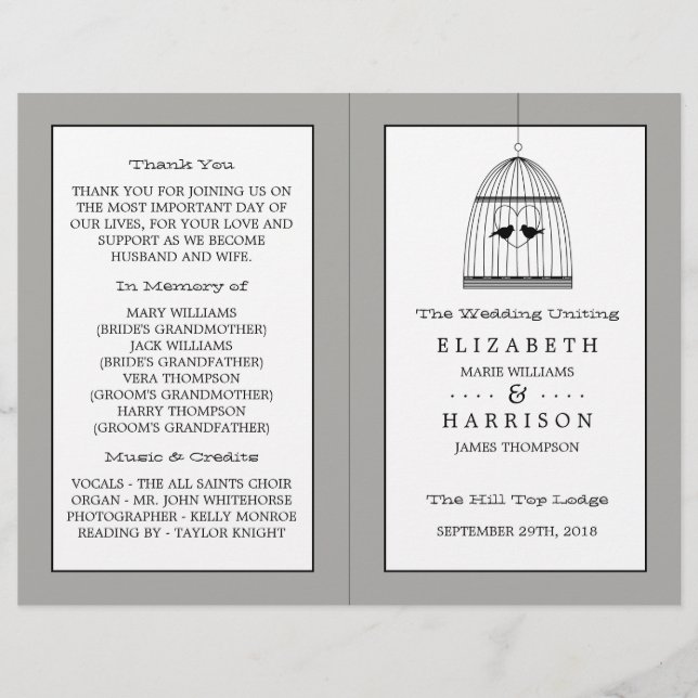 Vintage Heart Birdcage Wedding Bi-fold Program (Front)