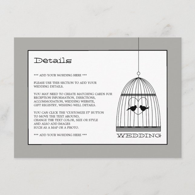 Vintage Heart Birdcage Wedding Detail Enclosure Card (Front)