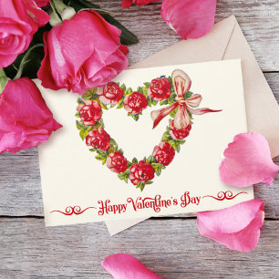 Vintage Heart Floral Wreath Happy Valentine's Day Holiday Card