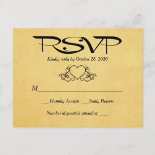 Vintage Heart Gold & Black RSVP Wedding Response Invitation Postcard