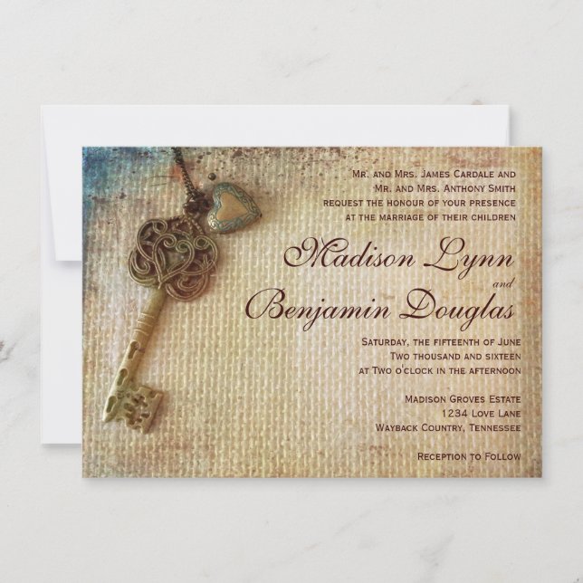 Vintage Heart Key Rustic Burlap Wedding Invitation (Front)