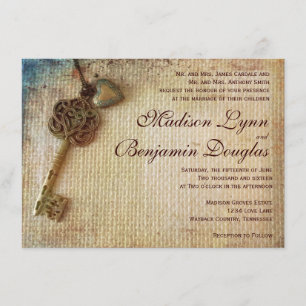Vintage Heart Key Rustic Burlap Wedding Invitation