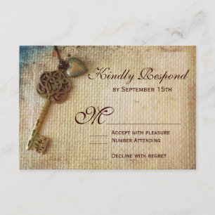 Vintage Heart Key Rustic Burlap Wedding RSVP Cards