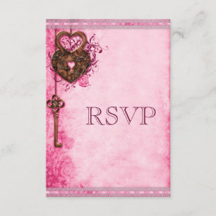 Vintage Heart Lock & Key Pink Wedding RSVP Card