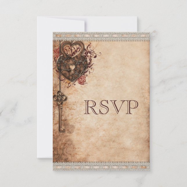 Vintage Heart Lock & Key Wedding RSVP (Front)