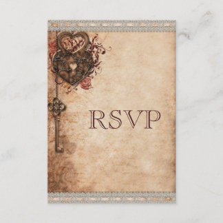 Vintage Heart Lock & Key Wedding RSVP Card
