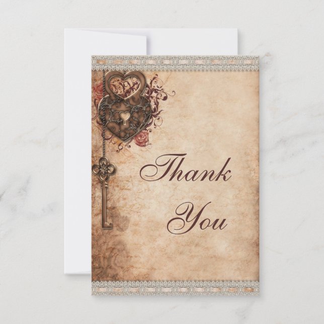 Vintage Heart Lock & Key Wedding Thank You Card (Front)