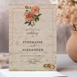 Vintage Heart Rose Floral Rings QR Code Wedding Invitation
