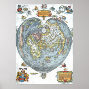 Vintage Heart Shaped Antique World Map Peter Apian Poster