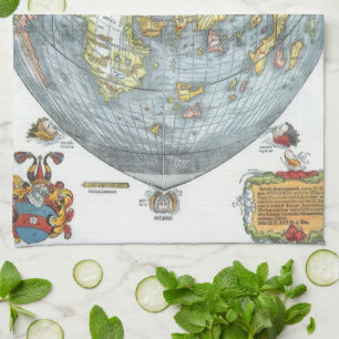 Vintage Heart Shaped Antique World Map Peter Apian Tea Towel