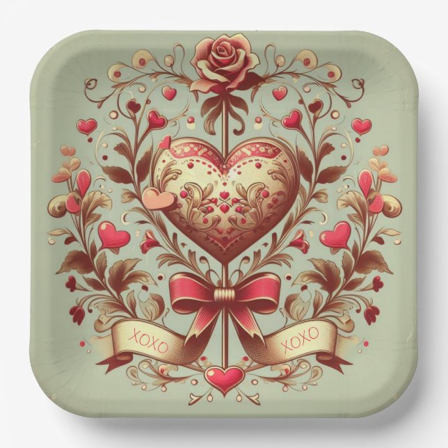 Vintage Heart Valentine's day xoxo  Paper Plate (Front)