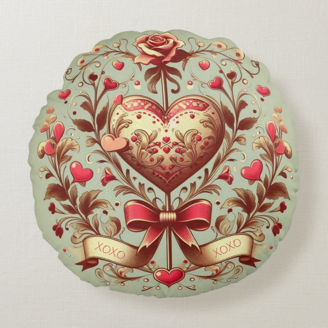 Vintage Heart Valentine's day xoxo  Round Cushion (Front)