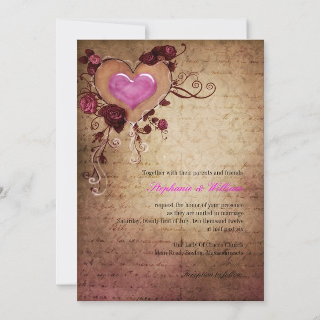 Vintage Heart with Roses Wedding Invitation (Front)
