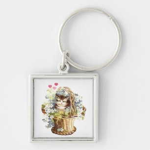 Vintage Hearts And Flowers Kitty Key Ring