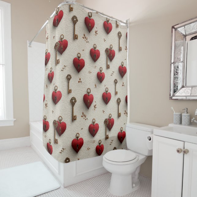 Vintage Hearts and Keys Pattern Shower Curtain (In Situ)